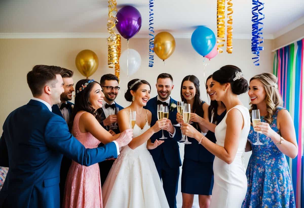 A group of friends gather around the bride, laughing and toasting with champagne as they decorate the room with colorful streamers and balloons