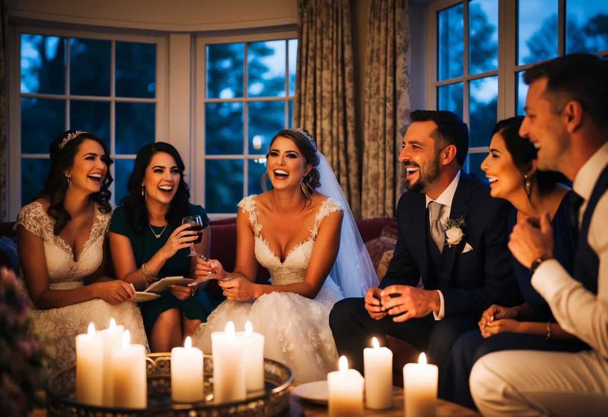 The bride spends the night before the wedding surrounded by close friends and family, laughing and sharing stories in a cozy, candlelit room