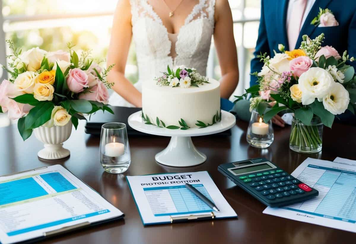 A table with a variety of wedding items such as flowers, cake, venue, and attire, surrounded by a budget spreadsheet and calculator