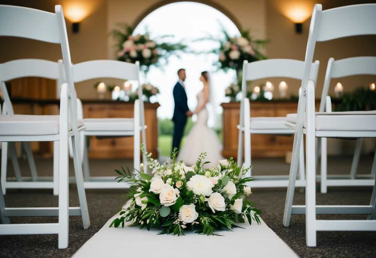 A floral arrangement sits between the bride and groom, with empty chairs on either side