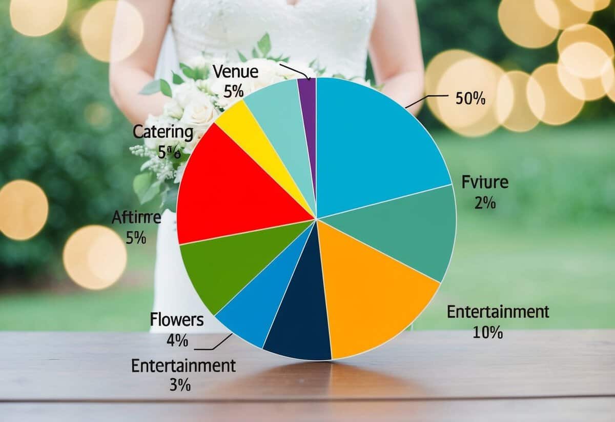 A wedding budget pie chart with categories such as venue, catering, attire, flowers, and entertainment