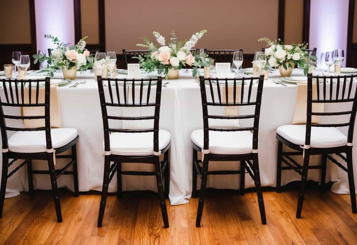 A table set for a wedding reception, with two empty chairs at the center, adorned with floral decorations and elegant place settings