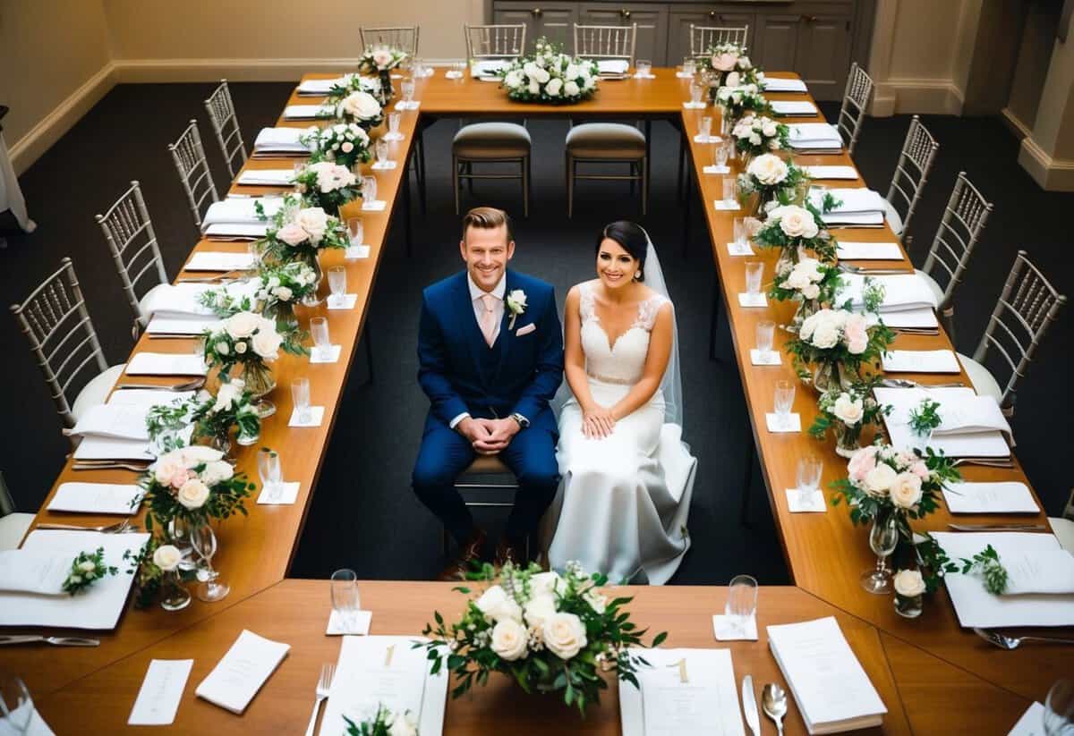 Guest tables arranged in a U-shape with the bride and groom seated at the center. Floral centerpieces adorn each table, and place cards indicate seating arrangements