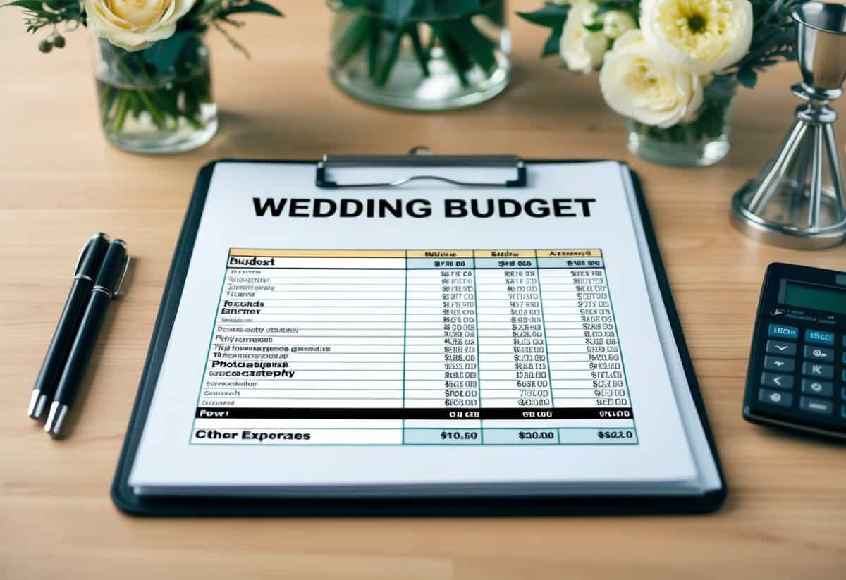 A wedding budget spreadsheet with categories for venue, catering, flowers, photography, attire, and other expenses