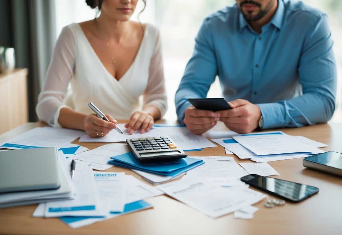 A table covered in wedding planning materials, with a calculator and receipts scattered around. A couple looks stressed as they review their budget
