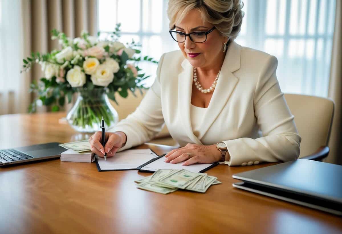 The mother of the bride writing checks and handing over cash to cover wedding expenses such as the venue, flowers, and catering