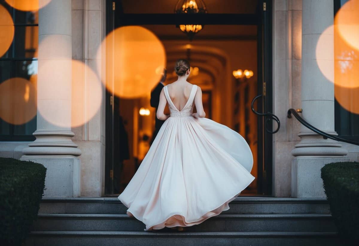 A figure in a flowing gown exits the building, bathed in warm light