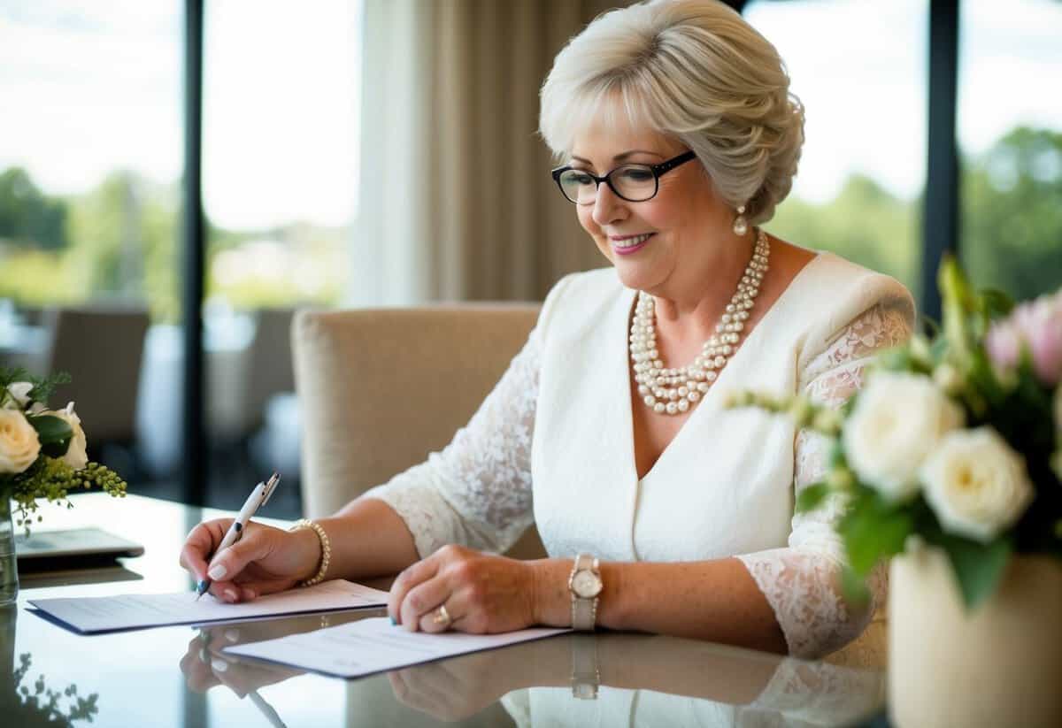 The mother of the bride writing out checks for wedding expenses, including the venue, catering, and floral arrangements