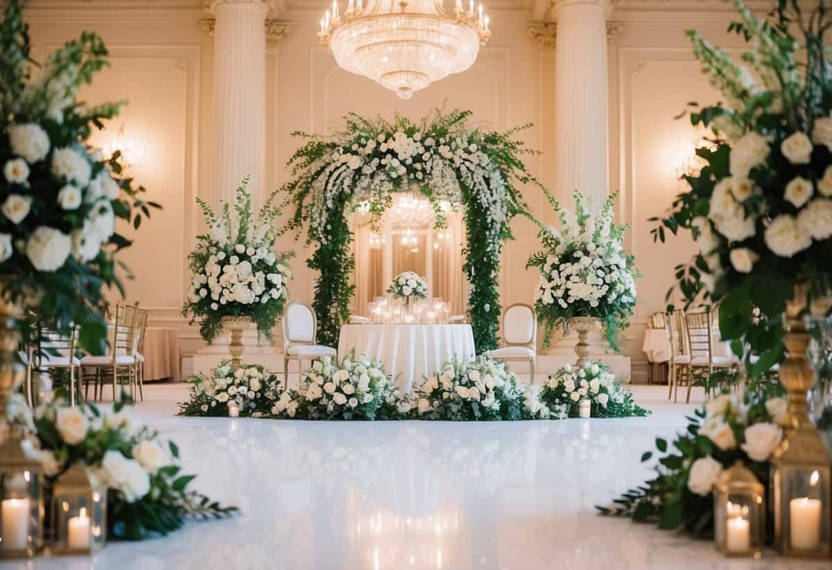 A grand wedding venue with lavish decorations and ornate floral arrangements