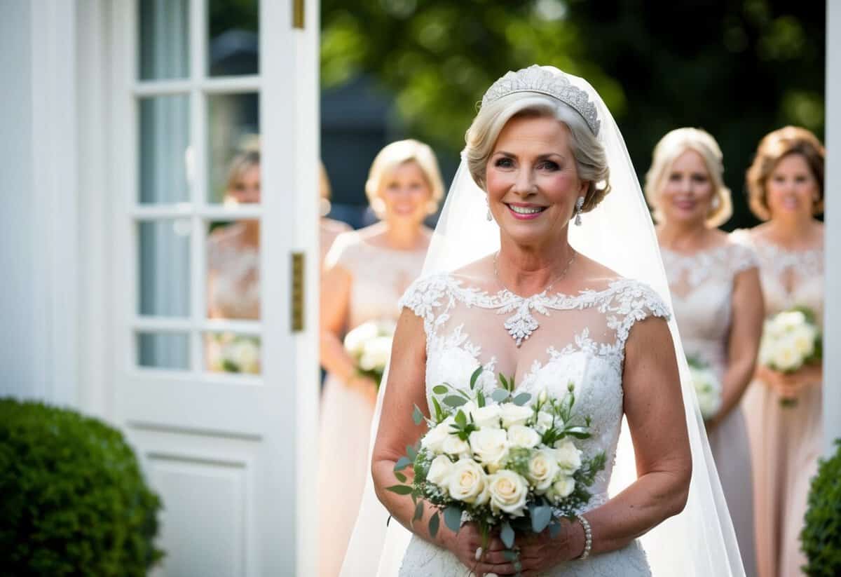 The mother of the bride walks out, adorned in a elegant gown, with a proud and radiant smile on her face