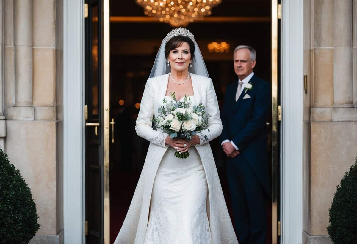 A figure stands at the entrance, adorned in elegant attire, ready to make a grand entrance as the mother of the bride