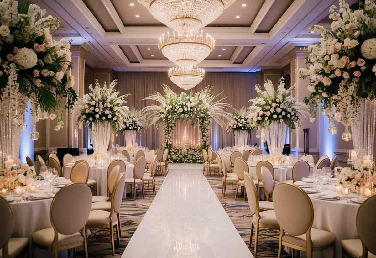 A lavish wedding venue with opulent decorations and extravagant floral arrangements