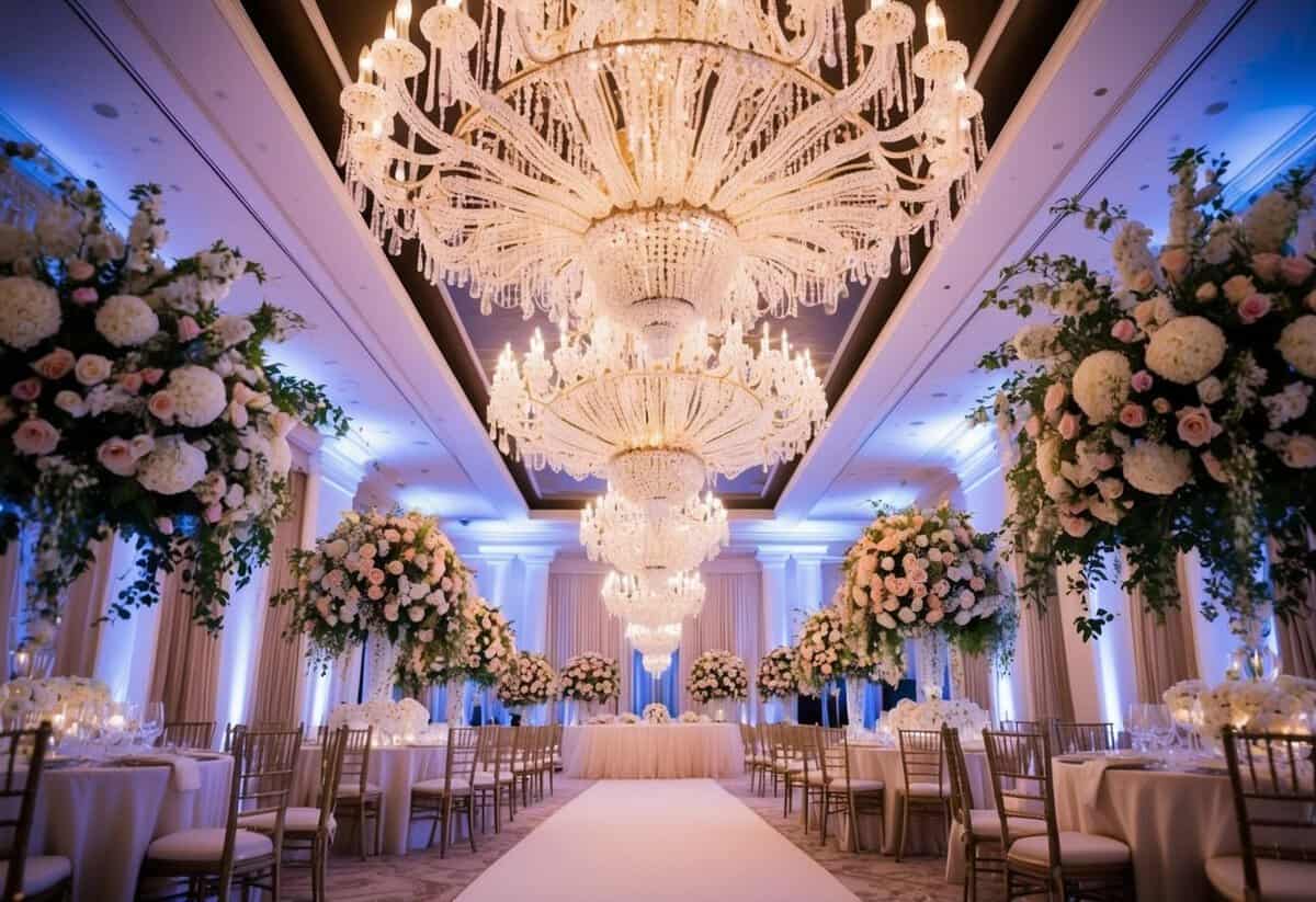 Opulent chandeliers and lavish floral arrangements fill the grand ballroom, creating an extravagant ambiance for the wedding celebration
