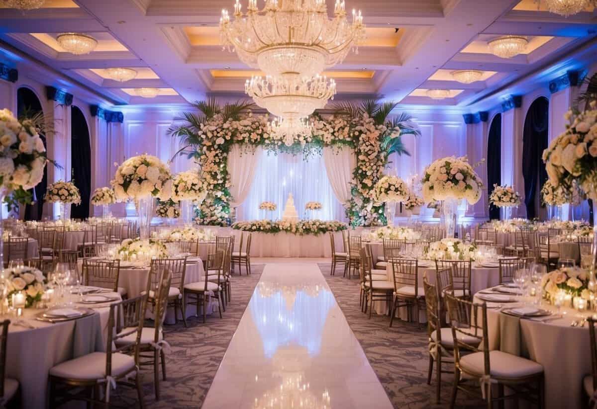 A lavish wedding reception in a grand ballroom, adorned with opulent decorations and extravagant floral arrangements, set during the peak of summer