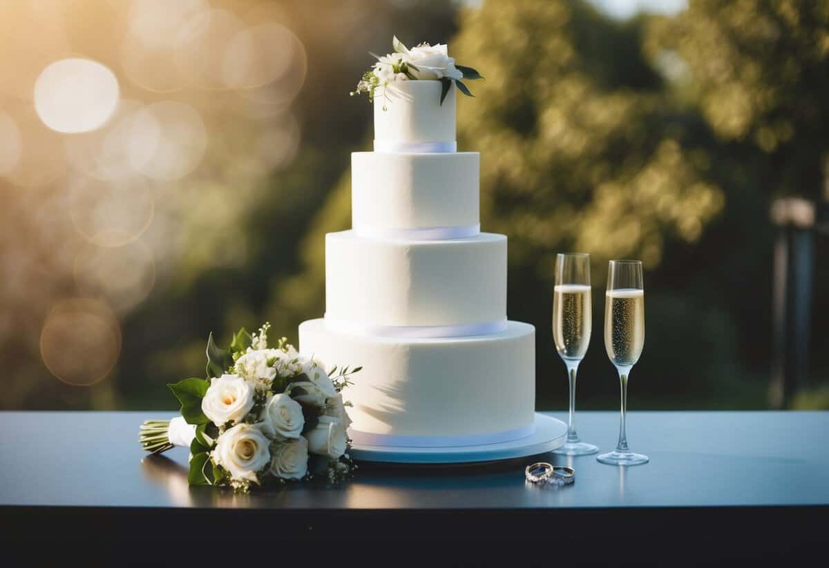 A tiered wedding cake, a bouquet of flowers, a pair of wedding rings, and a champagne glass