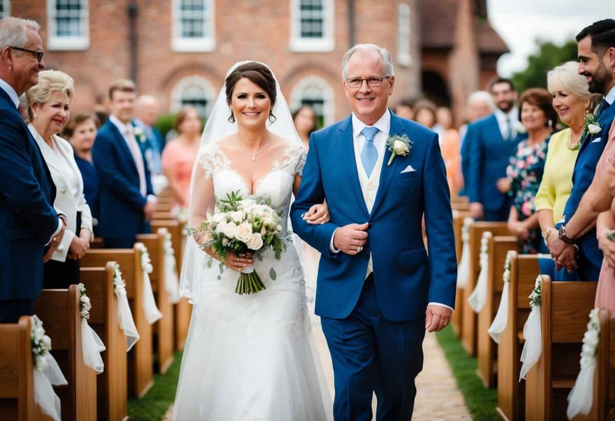 The mother of the bride walks with a proud and supportive figure, exuding warmth and love