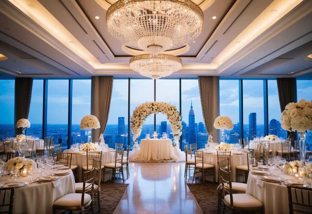 A lavish wedding set in a grand ballroom with opulent decorations and a breathtaking view of a city skyline, taking place in the month of June