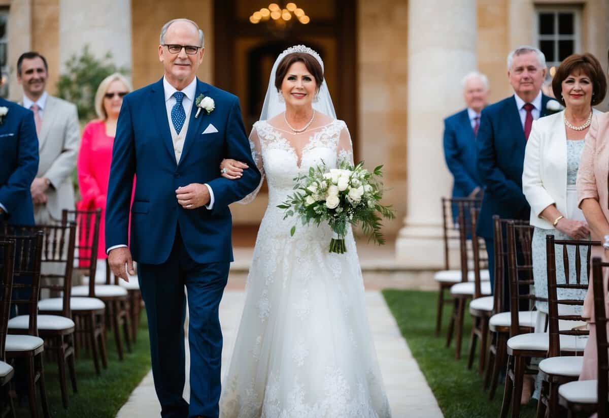 The mother of the bride walks alongside the father of the bride in the traditional processional order