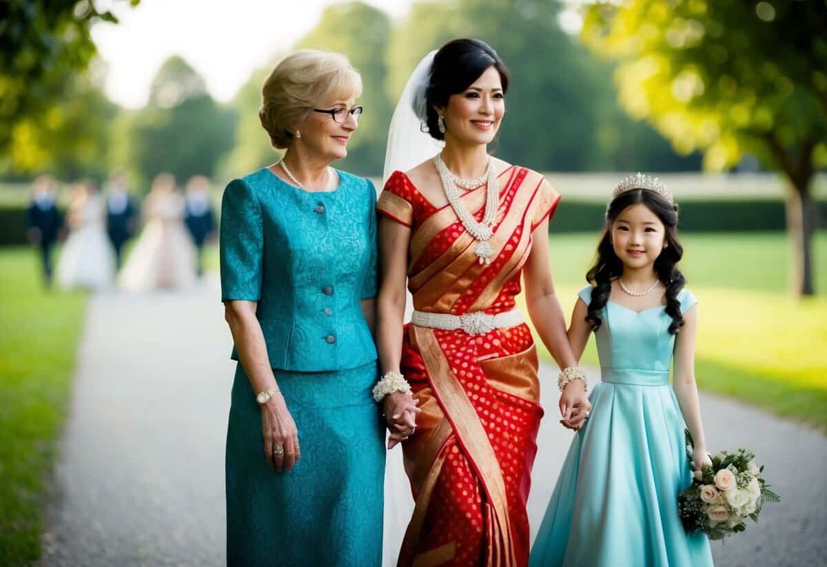 A woman walks alongside another figure, symbolizing the mother of the bride's choice of companion