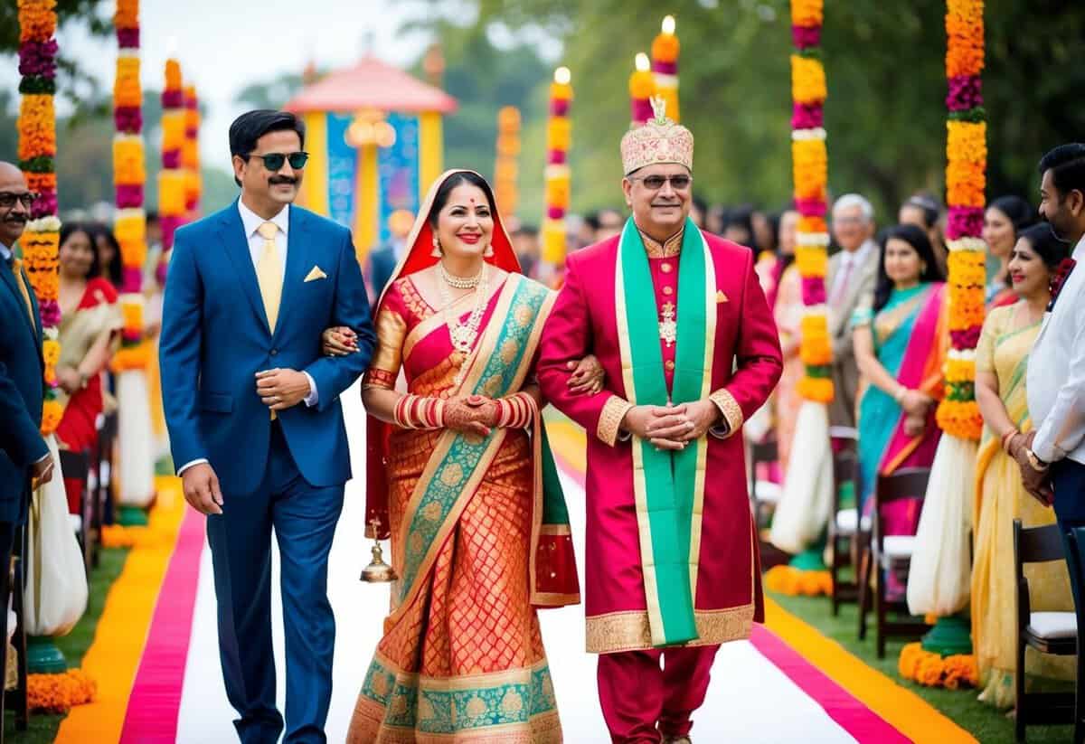 The mother of the bride walks with a male family member in a colorful cultural wedding processional
