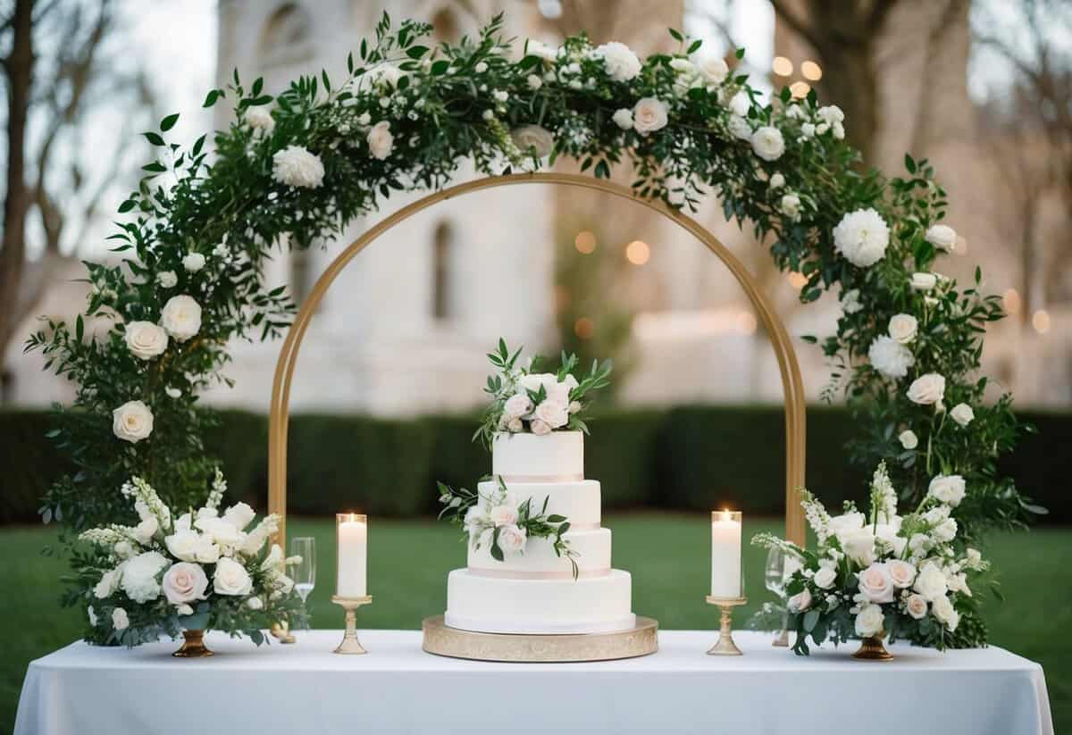 A wedding scene with a white dress, floral arrangements, a tiered cake, and a decorative arch