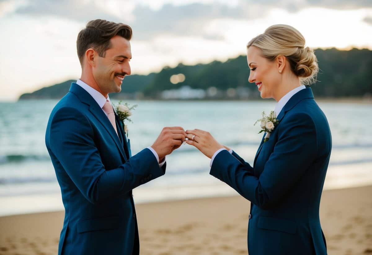 A bride and groom exchanging rings on a beach with a scenic backdrop
