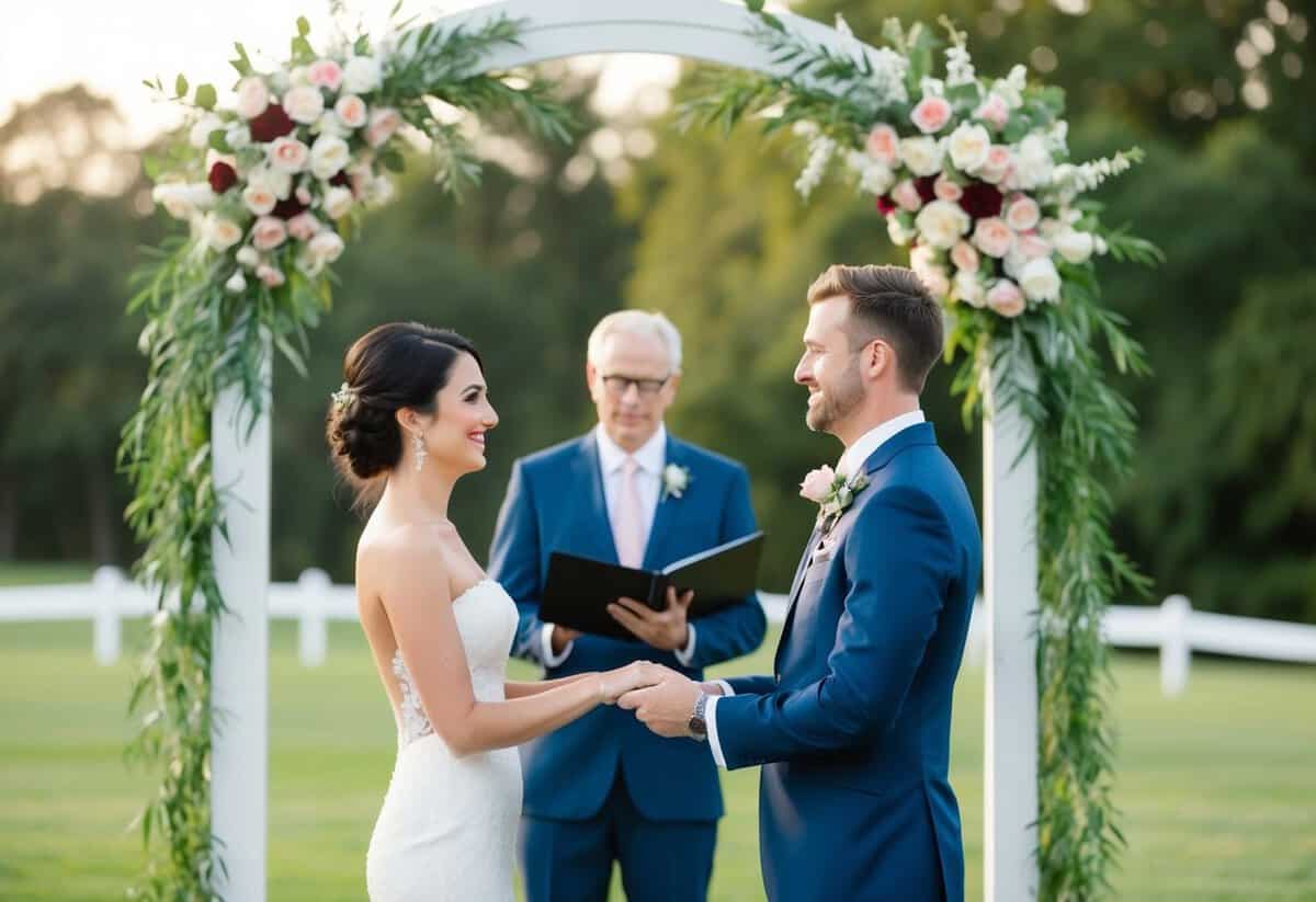 A bride and groom standing under a floral arch exchanging vows