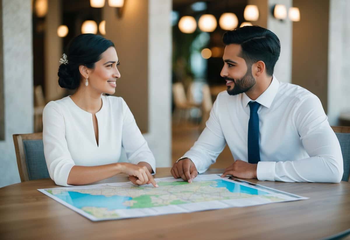 A couple sitting at a table with a map and a list of expenses, discussing who will cover the costs for guests at their destination wedding