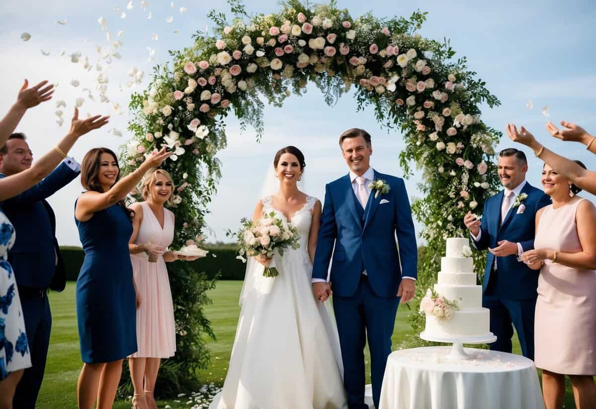 A bride and groom standing beneath a floral arch, surrounded by guests throwing flower petals. A traditional wedding cake sits on a table nearby