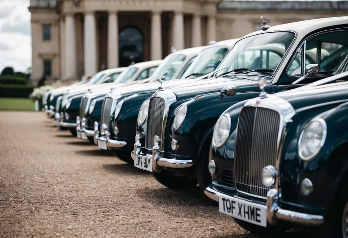 A line of elegant wedding cars parked in front of a grand venue