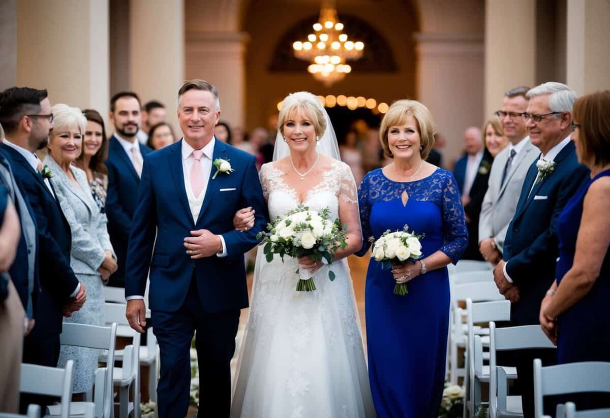 The mother of the bride walks down the aisle first, followed by the mother of the groom