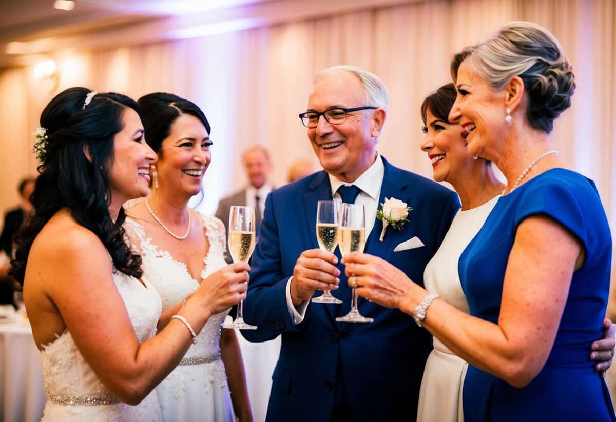 Parents of the bride offering a toast at the wedding reception. They are smiling and standing next to their daughter, expressing love and support