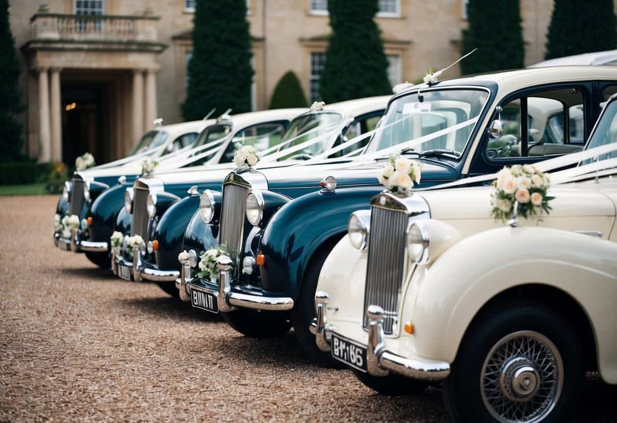 A line of classic wedding cars parked in front of a grand venue, adorned with ribbons and flowers, ready to transport the bride, groom, and bridal party