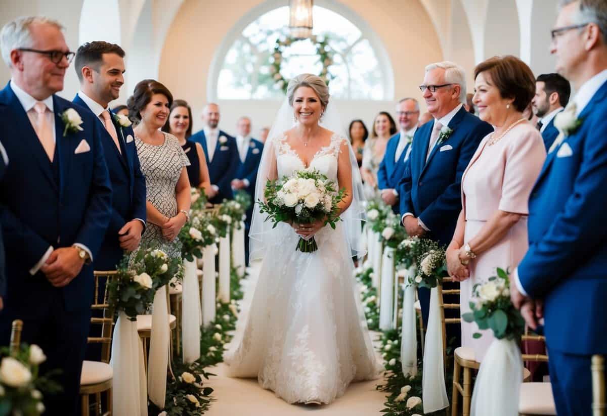 The mother of the bride walks down the aisle first, followed by the mother of the groom
