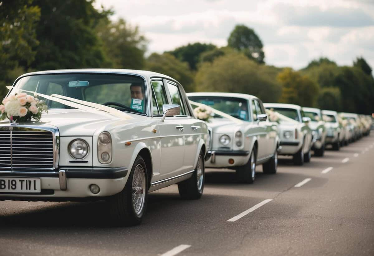 A line of decorated wedding cars with flowers and ribbons