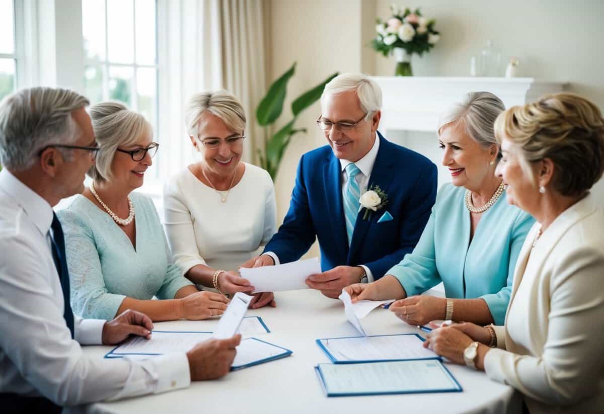 A group of parents discussing wedding plans, exchanging checks and documents, while seated around a table with a wedding planner