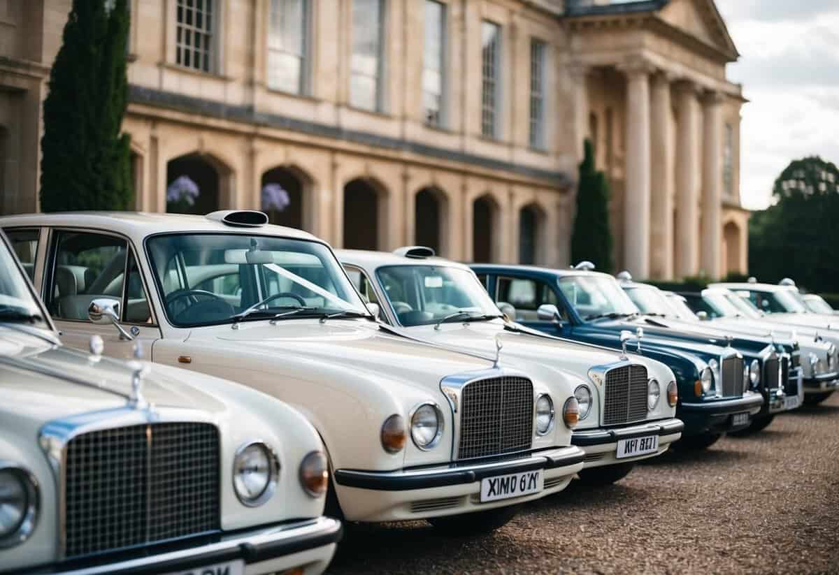 A line of elegant wedding cars parked outside a grand venue, ready to transport the bride, groom, and their bridal party to the ceremony and reception