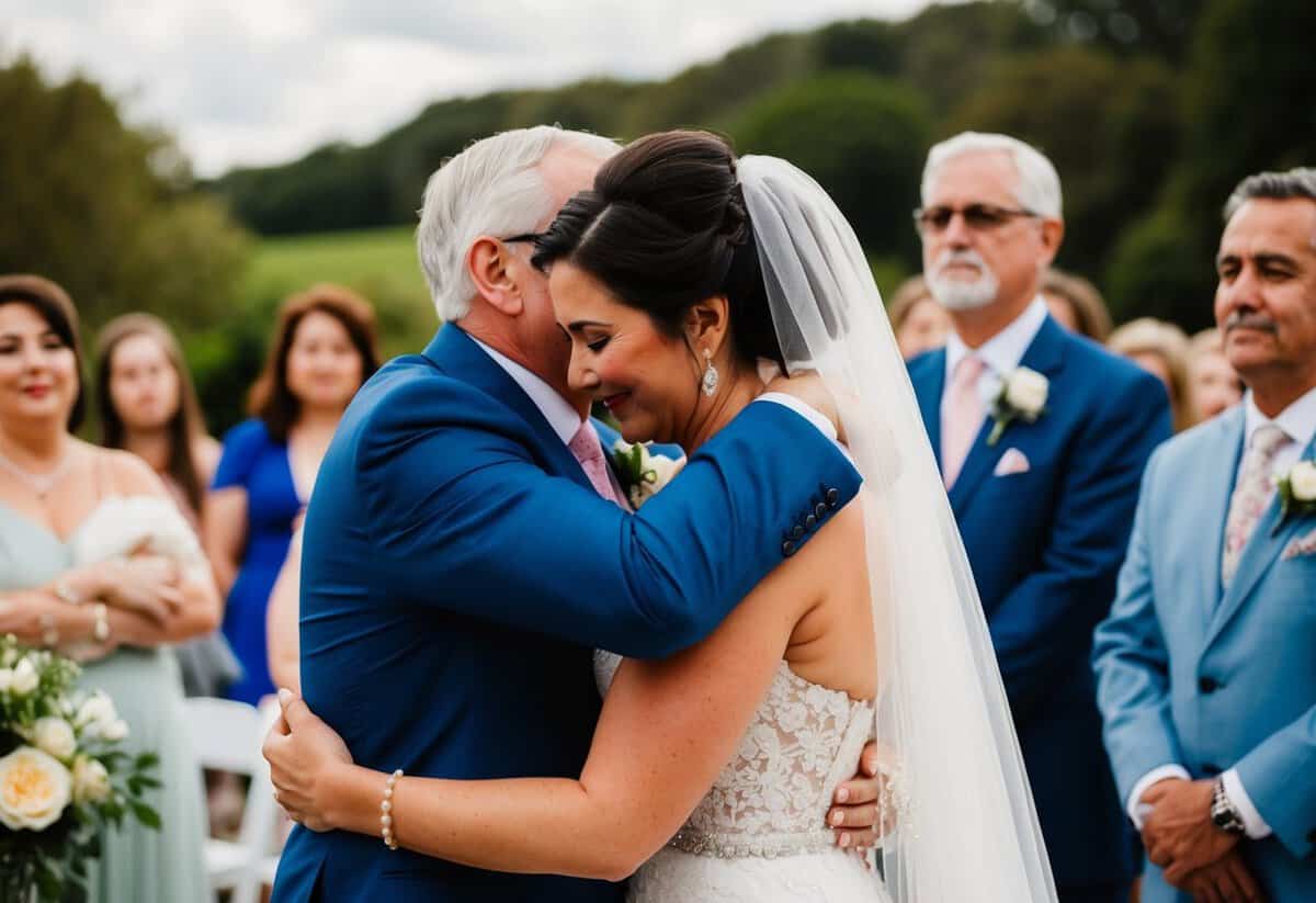A loving embrace between the bride's parents, offering support and comfort during the emotional ceremony