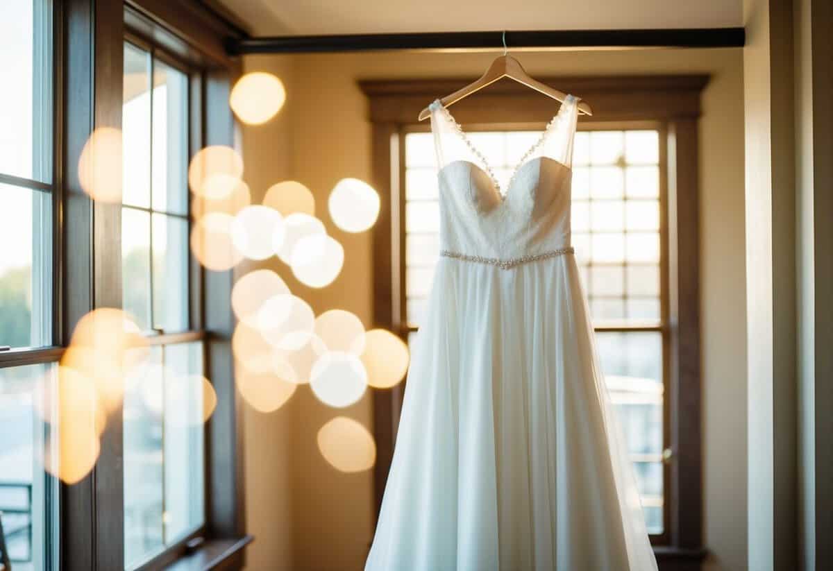 A white wedding dress hanging in a sunlit room