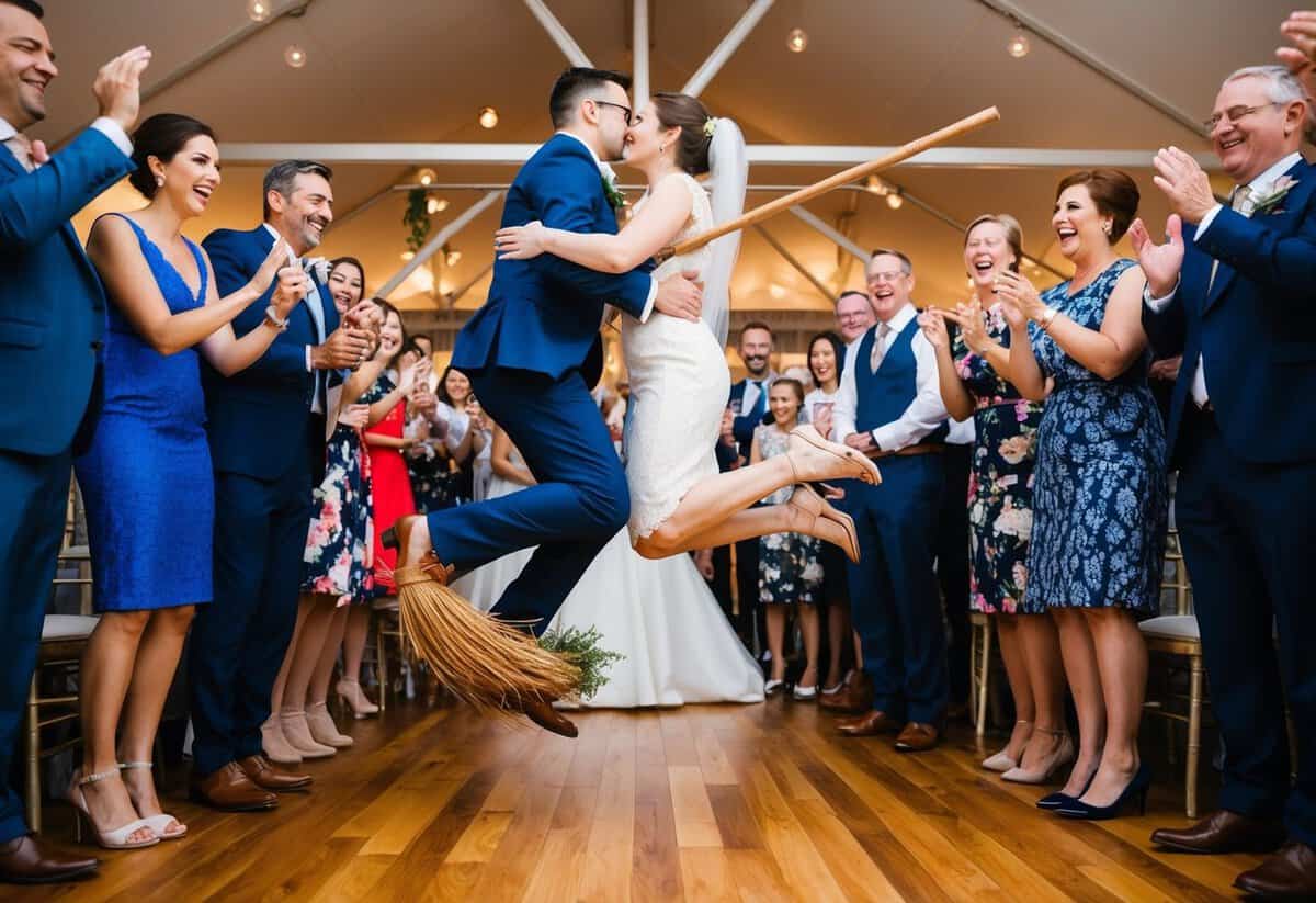 A couple jumping over a broomstick together, surrounded by cheering guests