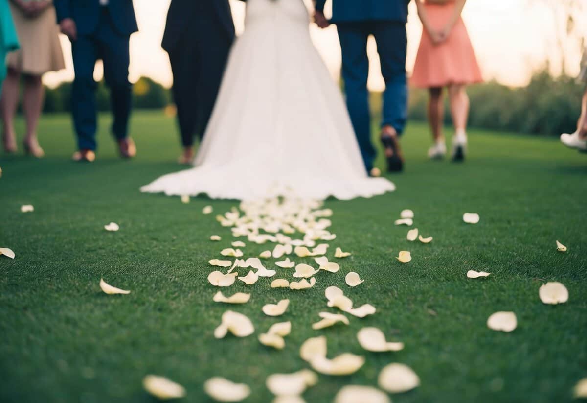 A trail of flower petals follows the bride's path