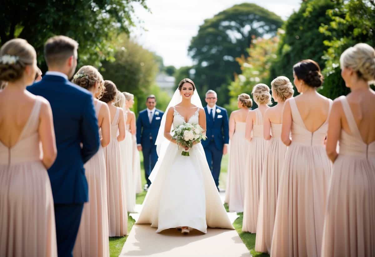 A line of elegantly dressed figures follows the bride, moving gracefully down the aisle