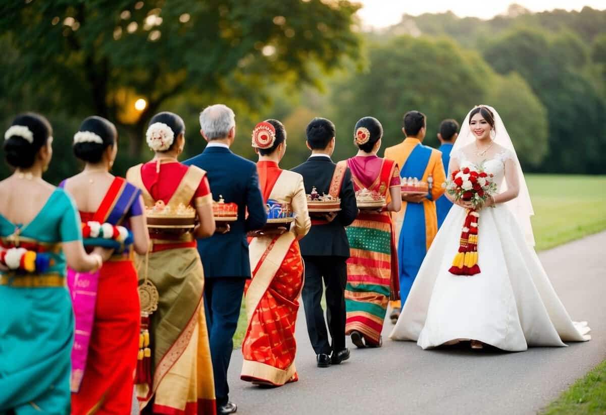 A line of diverse figures follows the bride, each carrying symbolic items representing their cultural traditions