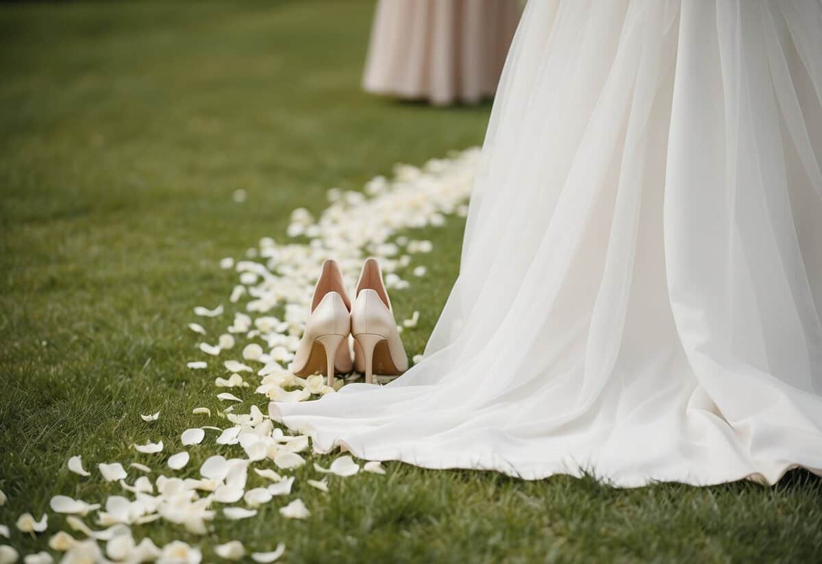 A trail of delicate flower petals leading away from the bride, with a pair of elegant shoes peeking out from beneath the hem of a flowing gown