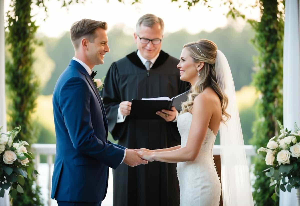 A bride and groom standing at the altar with a wedding officiant