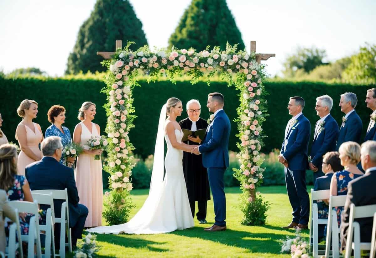 A couple stands under a floral arch in a sunlit garden, surrounded by family and friends. An officiant presides over the brief but joyful ceremony