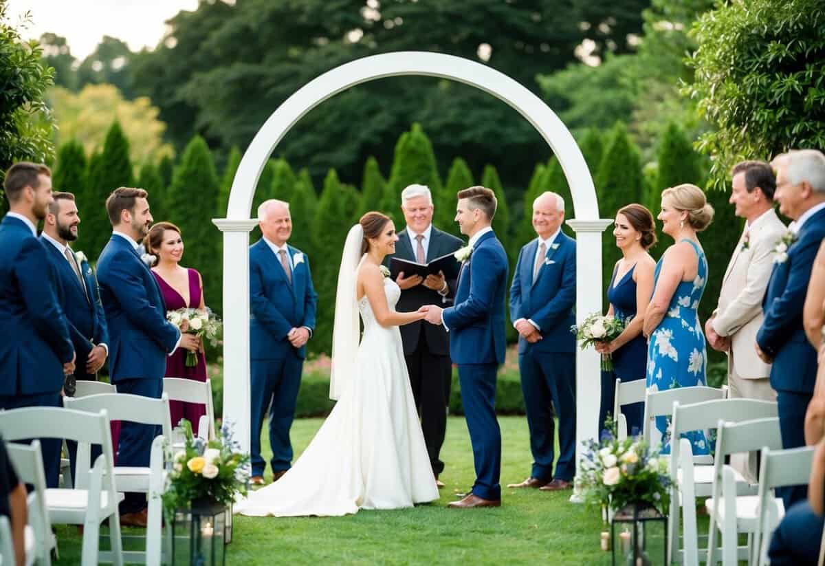 A couple standing beneath a simple archway exchanging vows as guests look on in a lush garden setting