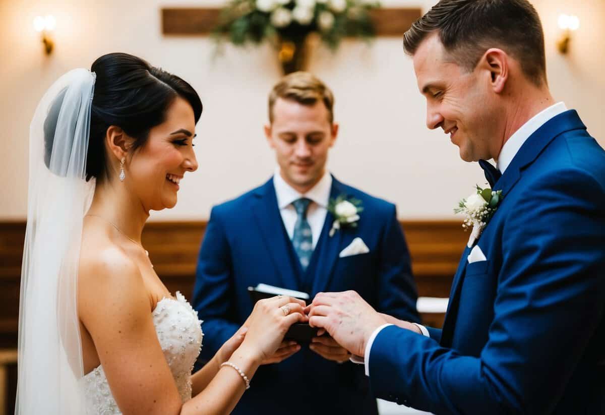 A bride and groom exchanging rings at the altar