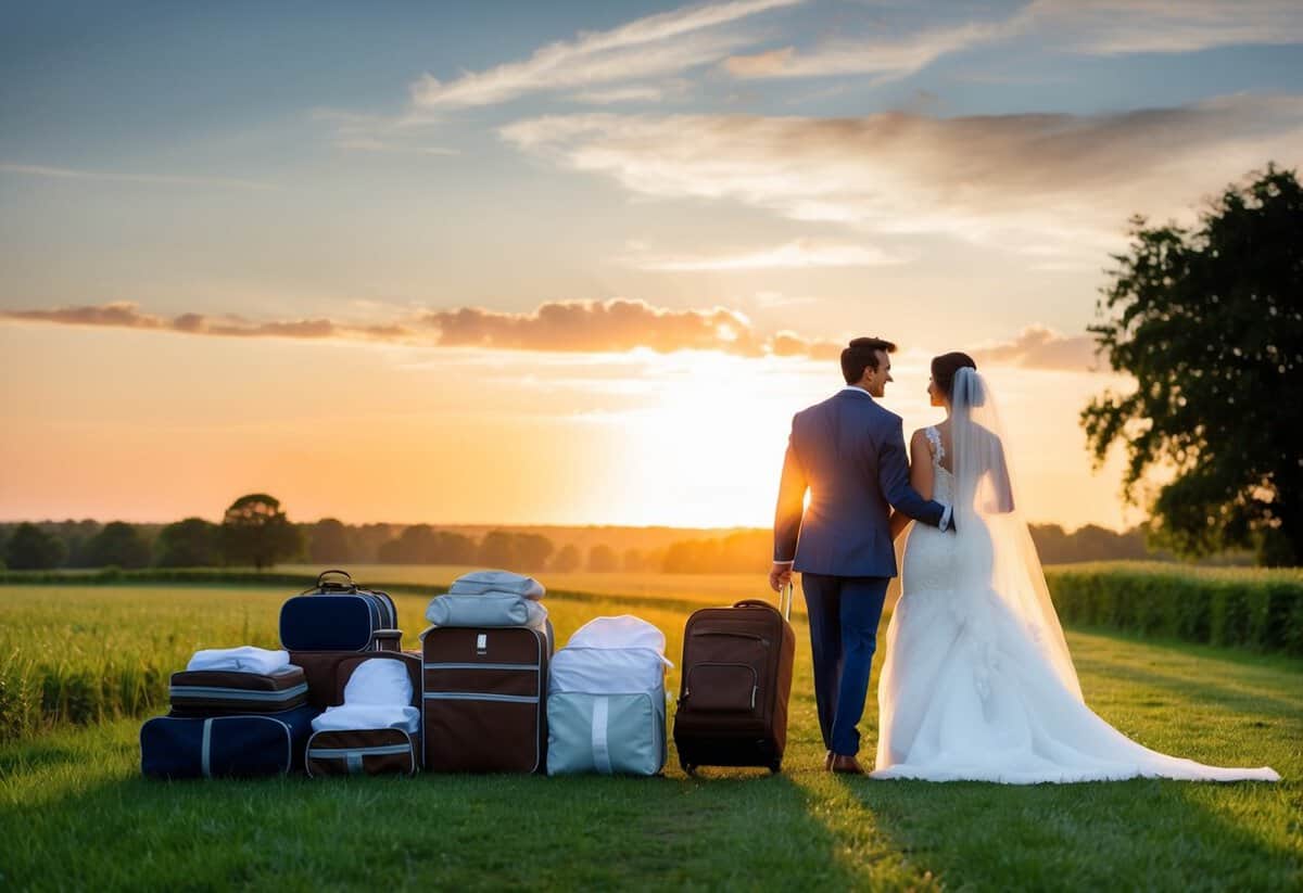 Sunrise over a serene countryside, with a bride and groom's belongings neatly packed and placed by the door, symbolizing the anticipation and excitement of the upcoming wedding day