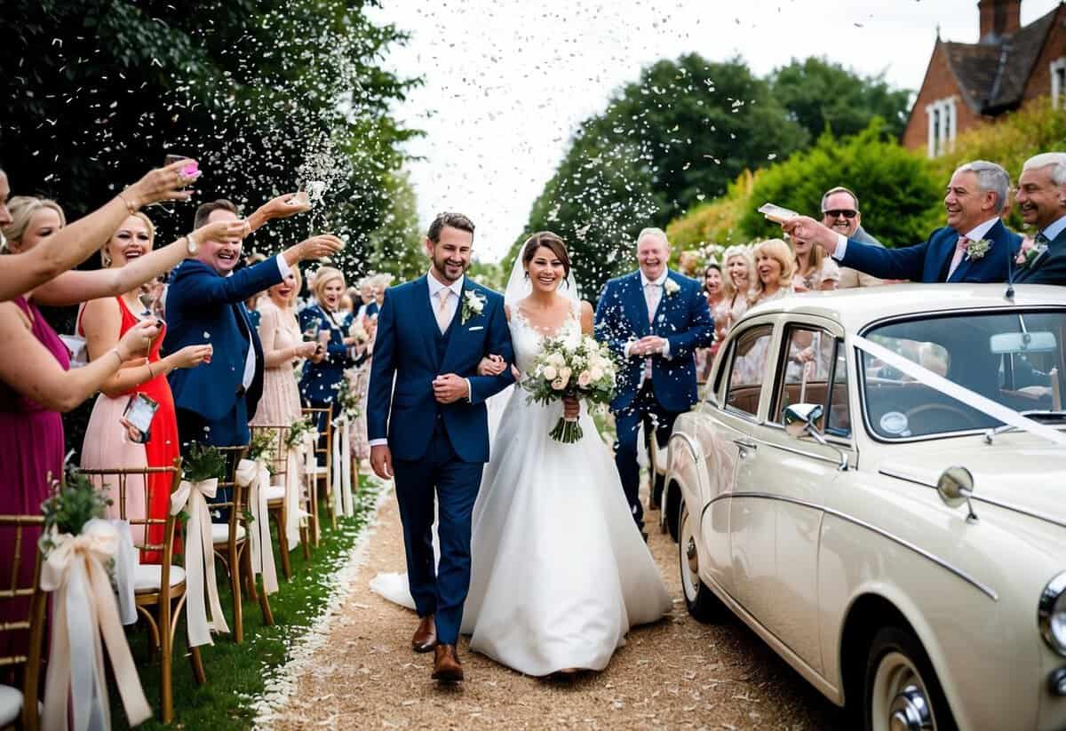 A bride and groom walk down the aisle, surrounded by cheerful guests tossing confetti, as they make their way towards a vintage car decorated with ribbons and flowers